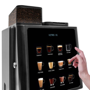 Pantalla táctil de la cafetera Azkoyen Vitro X1 MIA mostrando opciones de bebidas.