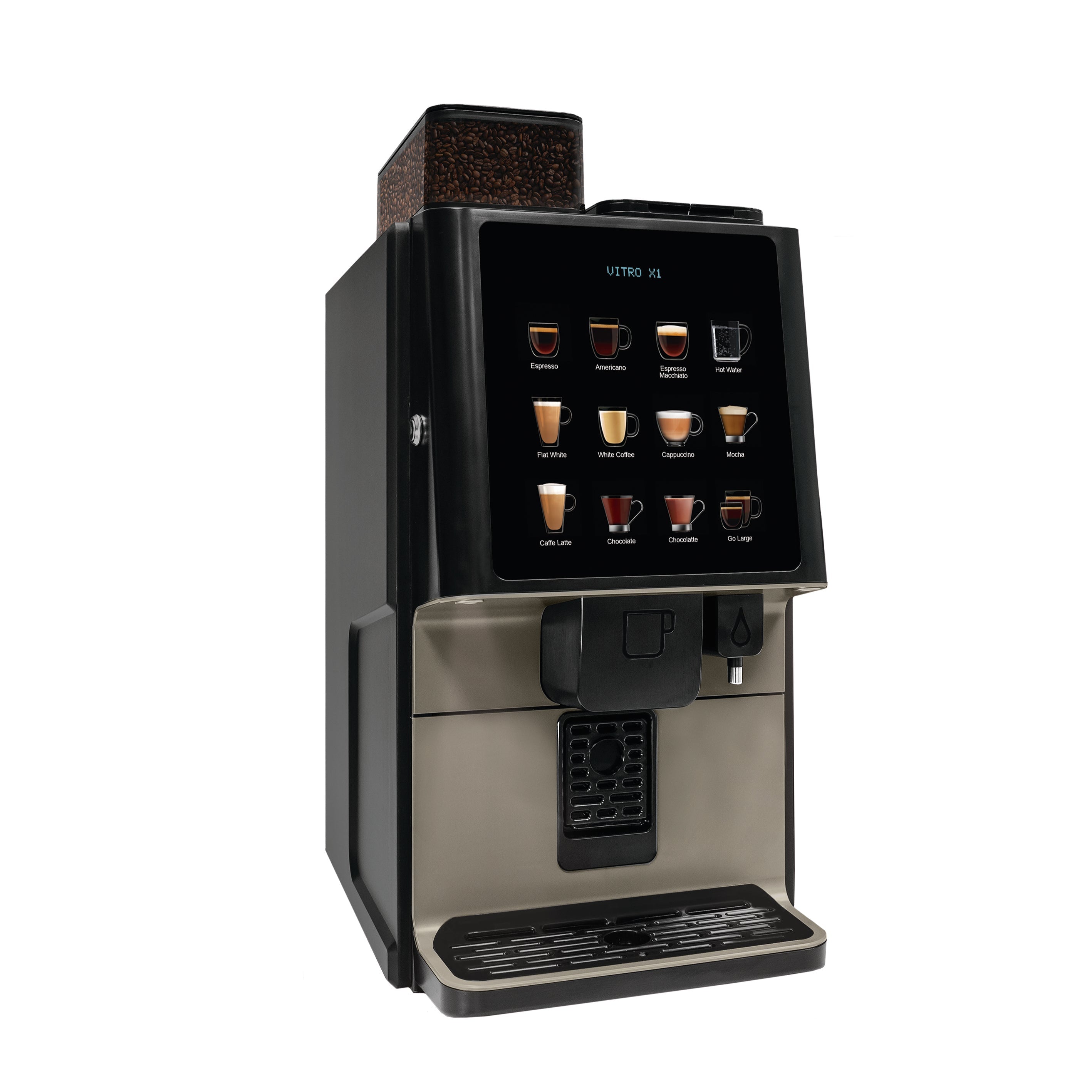 Vista lateral de la cafetera automática Azkoyen Vitro X1 MIA con diseño moderno.