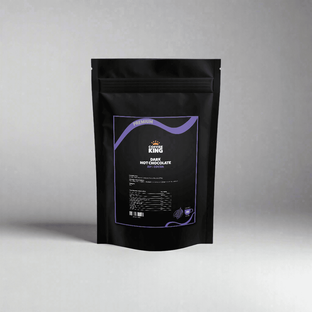 Bolsa de Chocolate Caliente Negro 33% Cacao 1Kg de Coffee King, calidad premium.