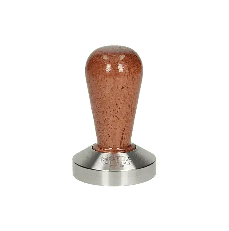 Tamper Motta 58mm de madera Bubinga, diseño elegante para baristas.