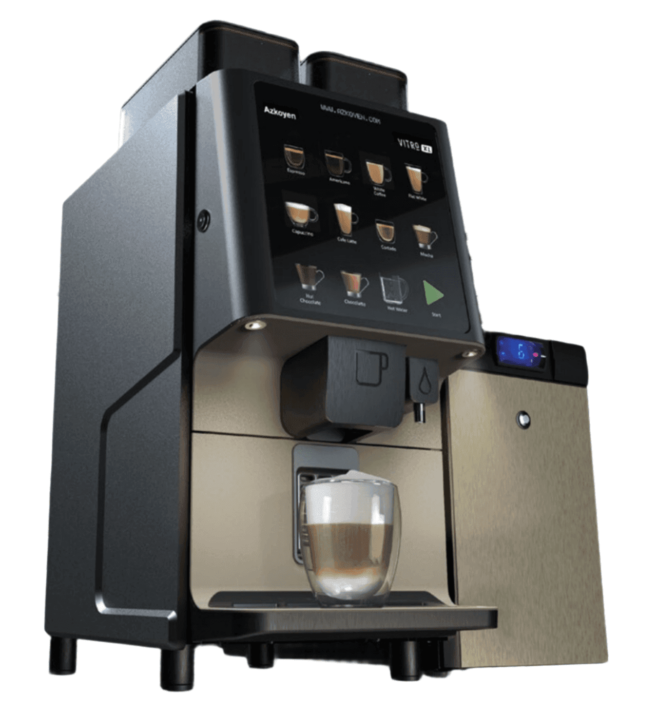 Cafetera Azkoyen Vitro S5 Espresso MIA con diseño moderno y taza de café servida.