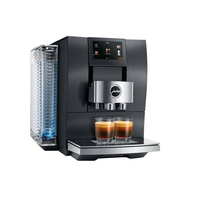 Máquina de café Jura Z10 con pantalla táctil y diseño elegante en inox oscuro.