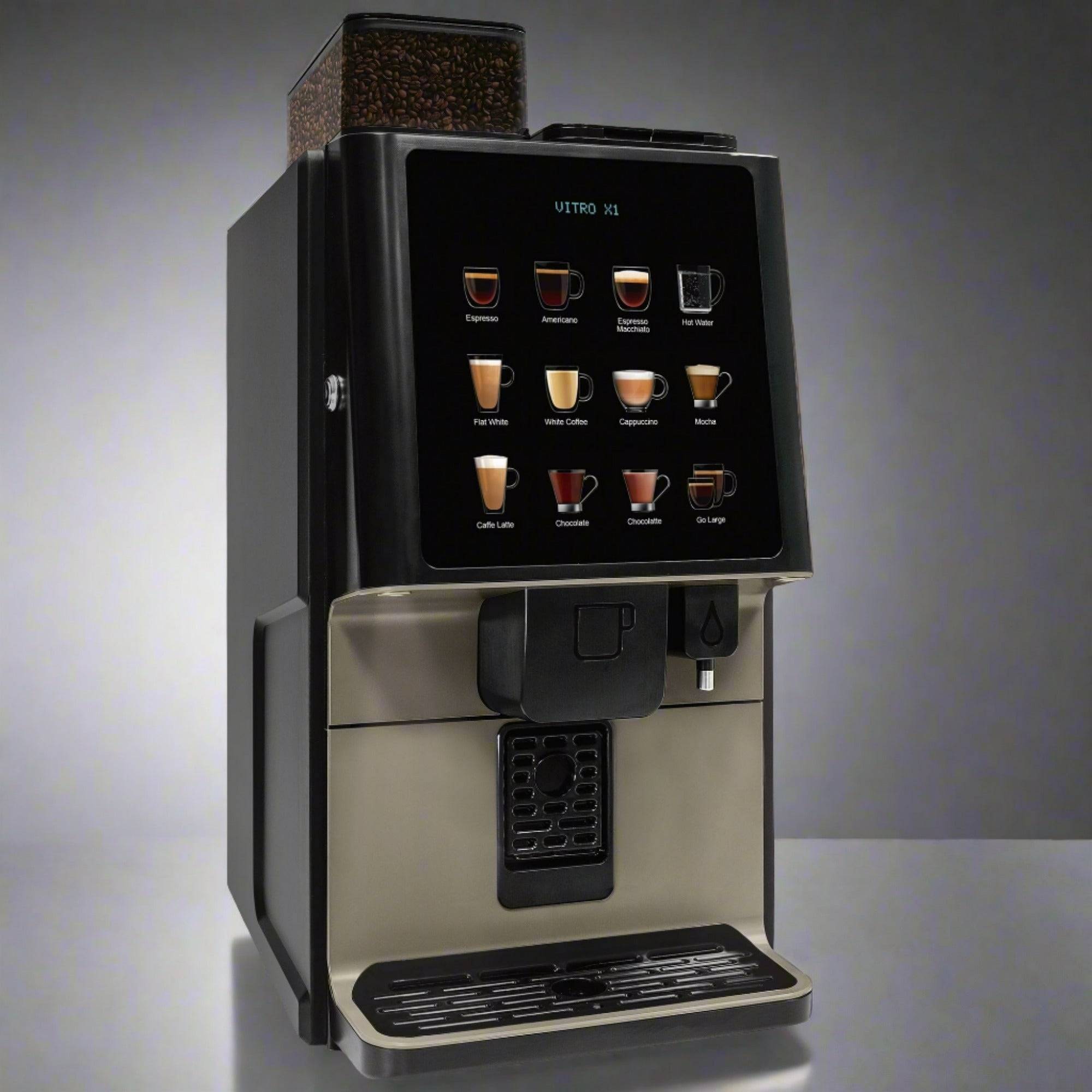 Cafetera automática Azkoyen Vitro X1 Espresso con pantalla táctil y diseño moderno.