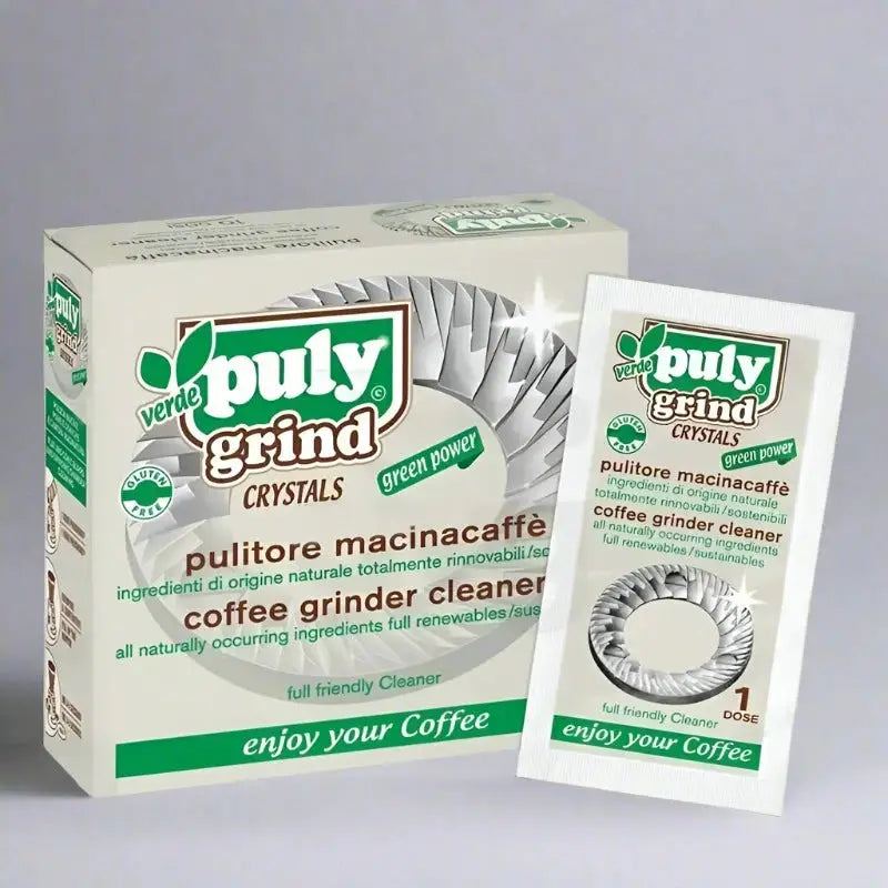 Detergente Puly Grind Crystals para limpieza de molinillos de café, paquete de 10 bolsitas.