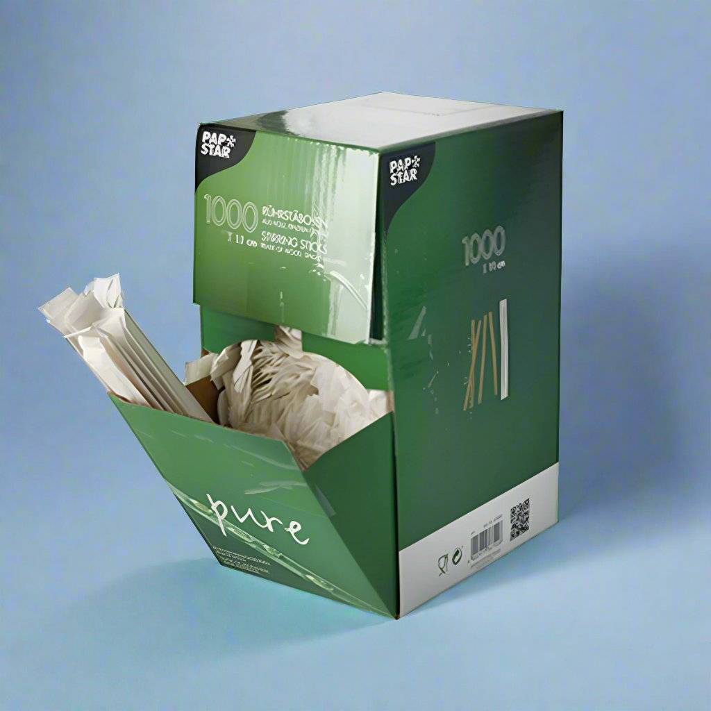 Caja de 1000 removedores de café Papstar de 11cm x 6mm, diseño práctico.