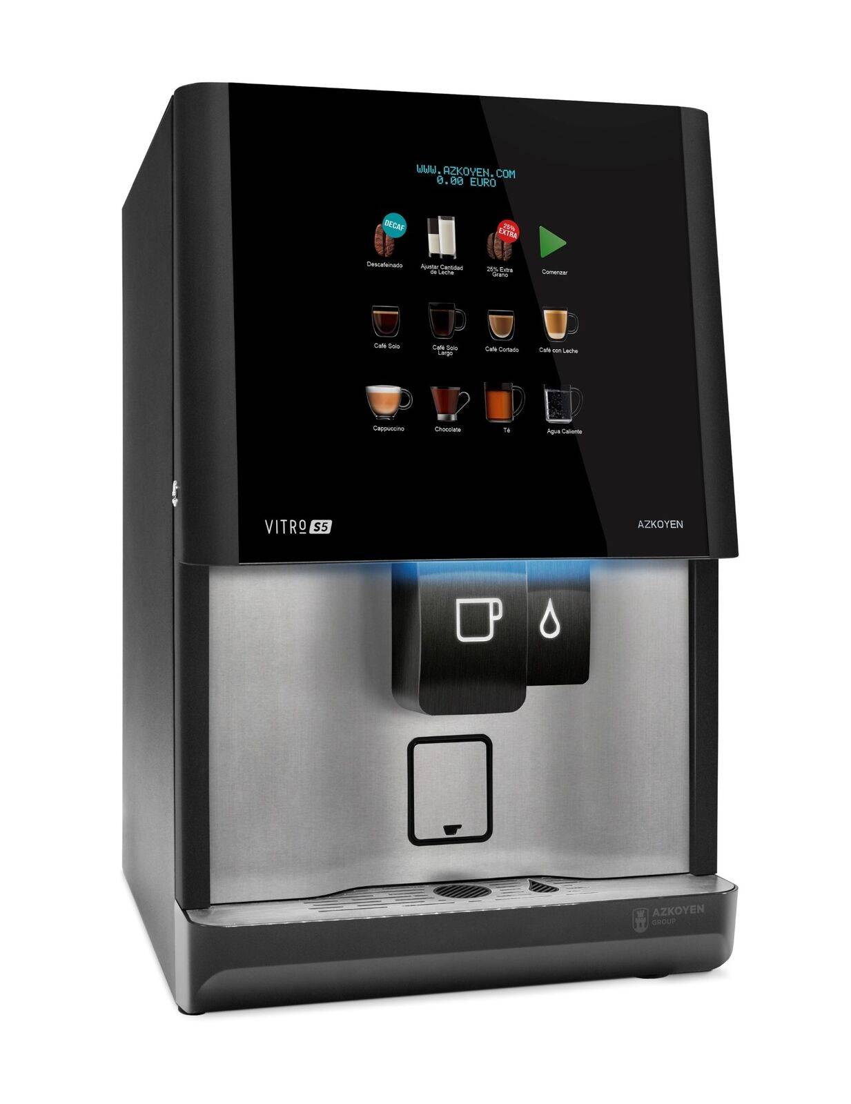 Vista lateral de la cafetera Azkoyen Vitro S5 Espresso con diseño moderno.