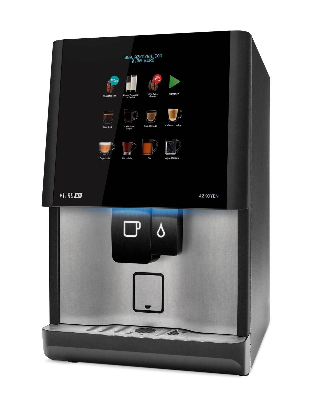 Cafetera Azkoyen Vitro S5 Espresso con interfaz táctil y opciones de café.