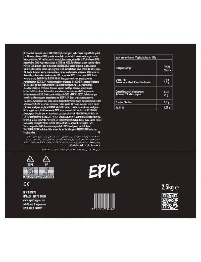 Ingredientes y detalles de salsa de chocolate Epic 2.5kg