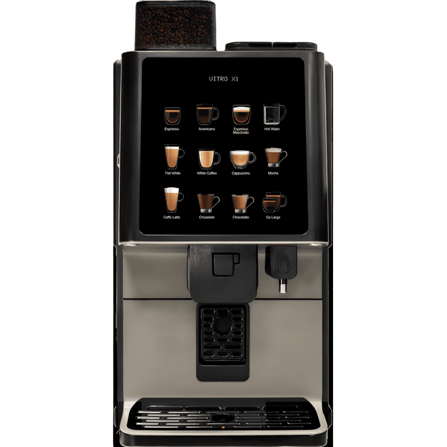 Máquina de café Azkoyen Vitro X1 Espresso con opciones de bebidas personalizables.