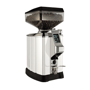 Vista lateral del molinillo Faema G20 Touch&Match On Demand plateado con diseño elegante.