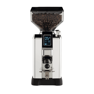 Molinillo de café Faema G20 Touch&Match On Demand plateado con pantalla digital.