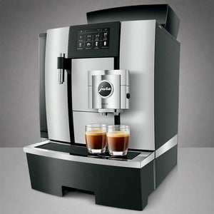 Cafetera automática Jura GIGA X3 Aluminium con diseño moderno y dos tazas de café.