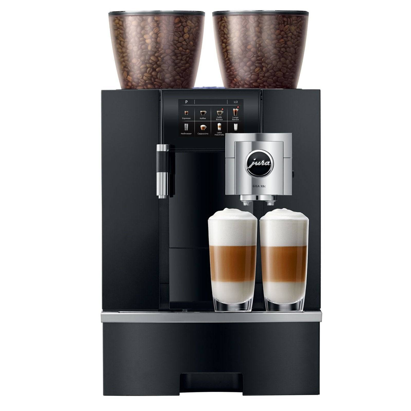 Cafetera Jura GIGA X8c con dos tazas de café con espuma servidas.