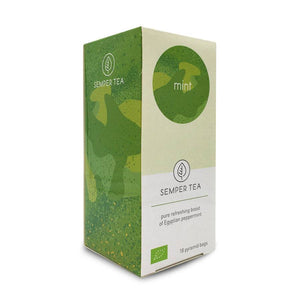 Paquete de Semper Tea Menta con diseño verde y etiqueta de té orgánico.