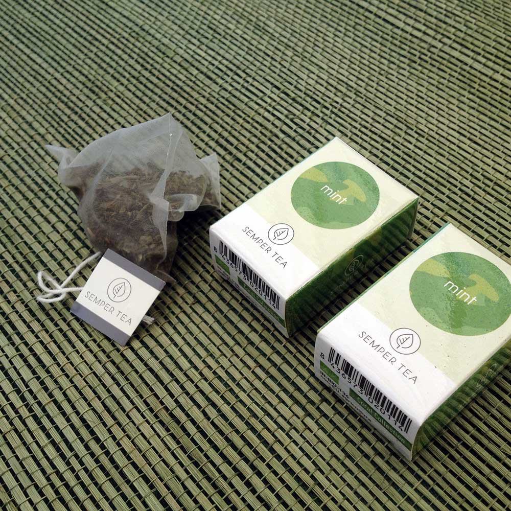 Bolsas de té piramidales y cajas pequeñas de Semper Tea Menta sobre fondo verde.