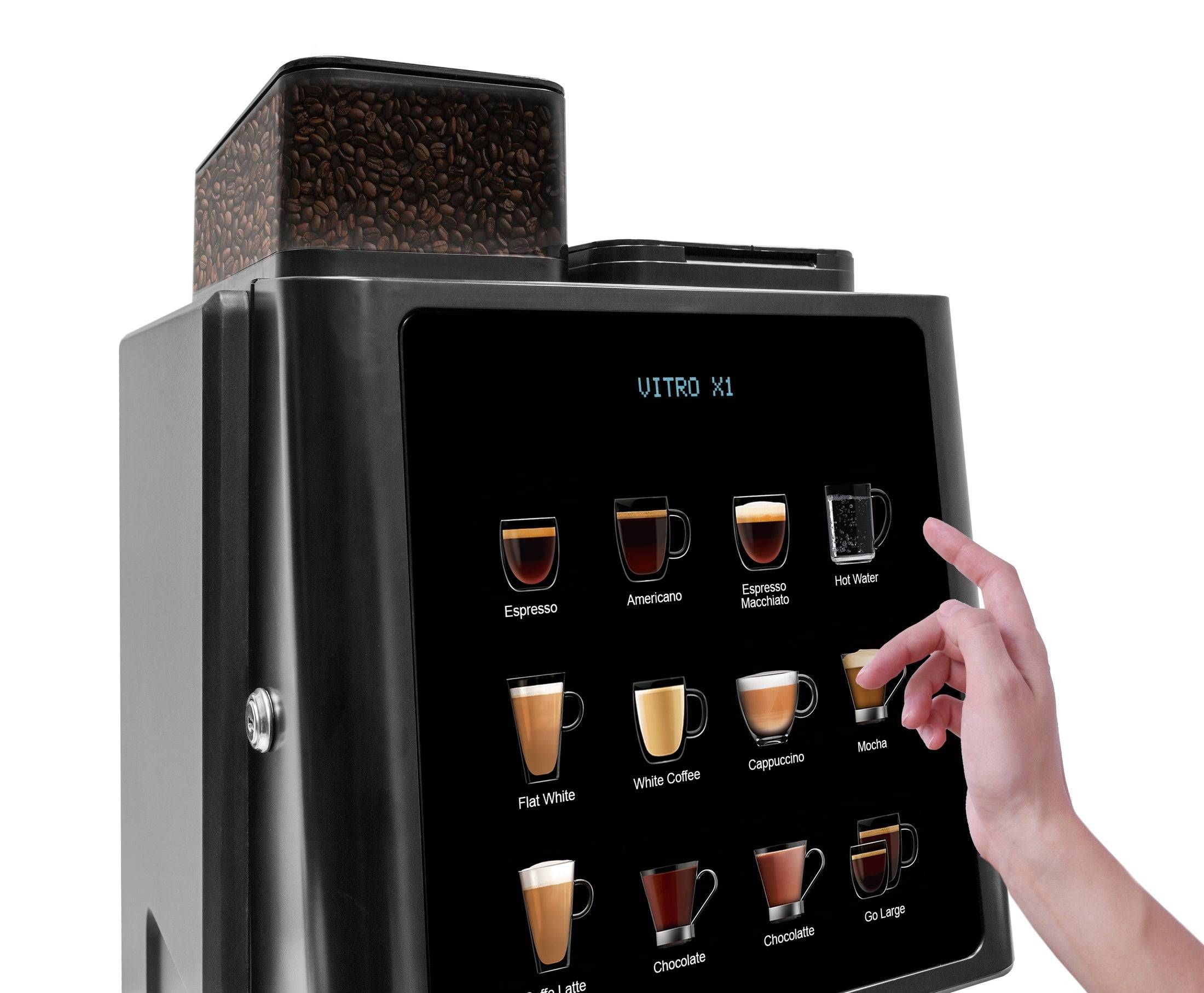 Pantalla táctil de la cafetera Azkoyen Vitro X1 MIA mostrando opciones de bebidas.