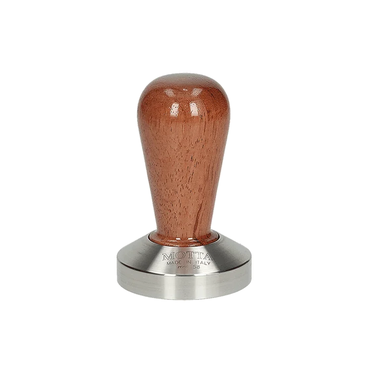 Tamper Motta 58mm de madera Bubinga, diseño elegante para baristas.