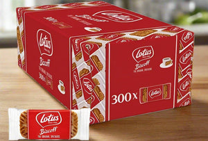 Caja de Lotus  galletas Biscoff, 300 unidades, diseño rojo y blanco.