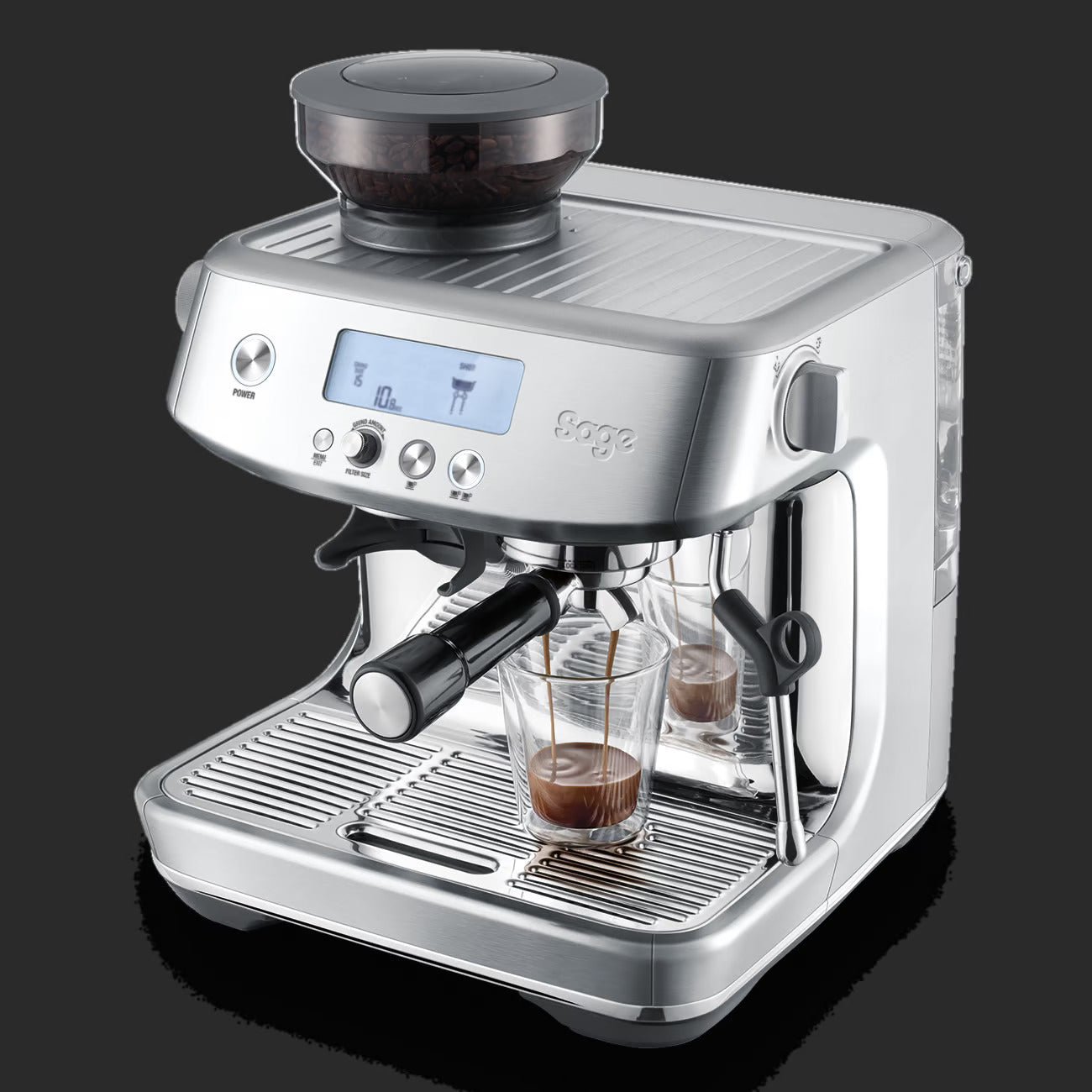 Cafetera Sage The Barista Pro vista superior con café molido