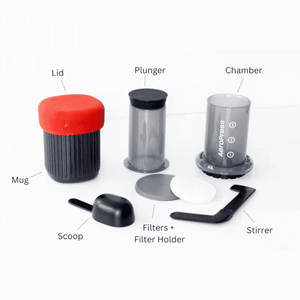 Componentes de la Aeropress Go: taza, émbolo, cámara, filtros y más.