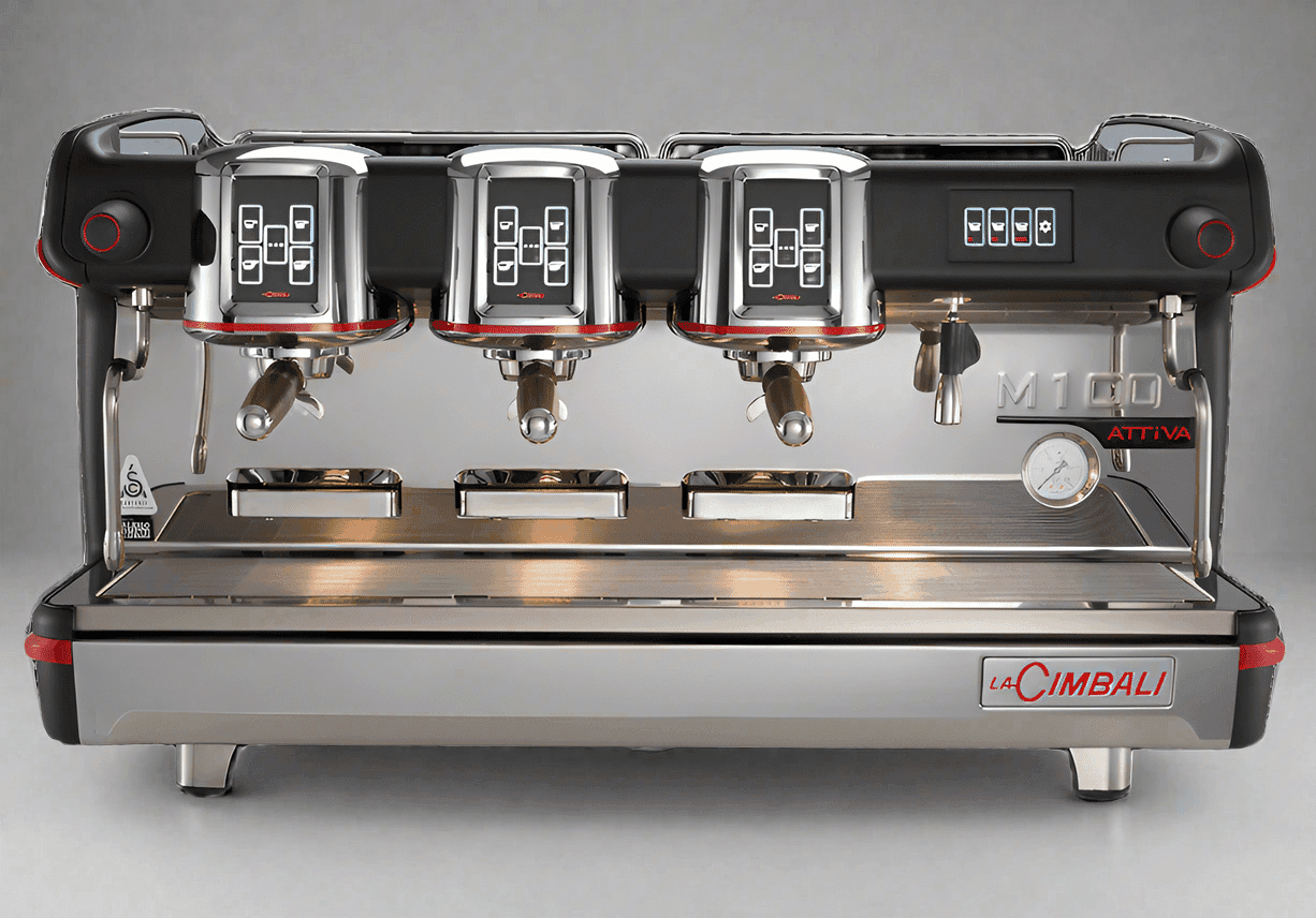 Cafetera profesional La Cimbali M100 DOSATRON DT/2 con diseño moderno y 6 botones.