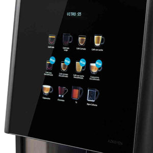 Primer plano de la pantalla de la cafetera Azkoyen Vitro S5 con opciones de café.