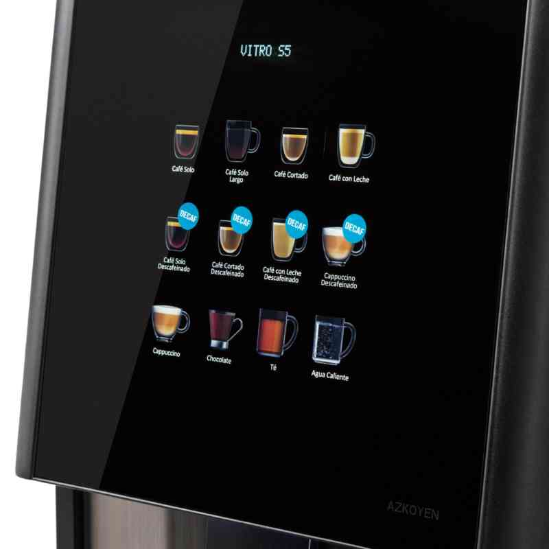 Primer plano de la pantalla de la cafetera Azkoyen Vitro S5 con opciones de café.