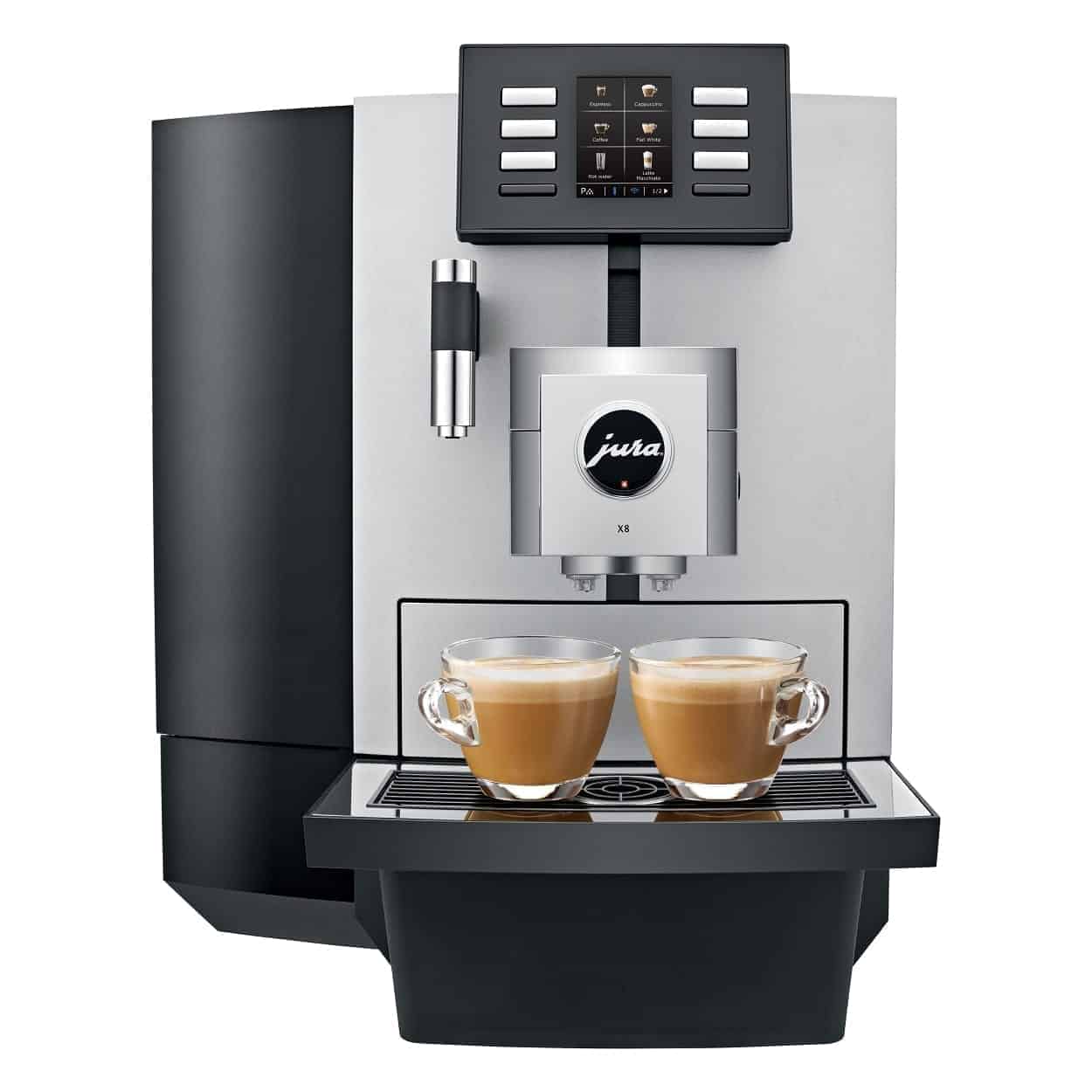 Cafetera Jura X8 Platinum con dos tazas de café listas para servir.