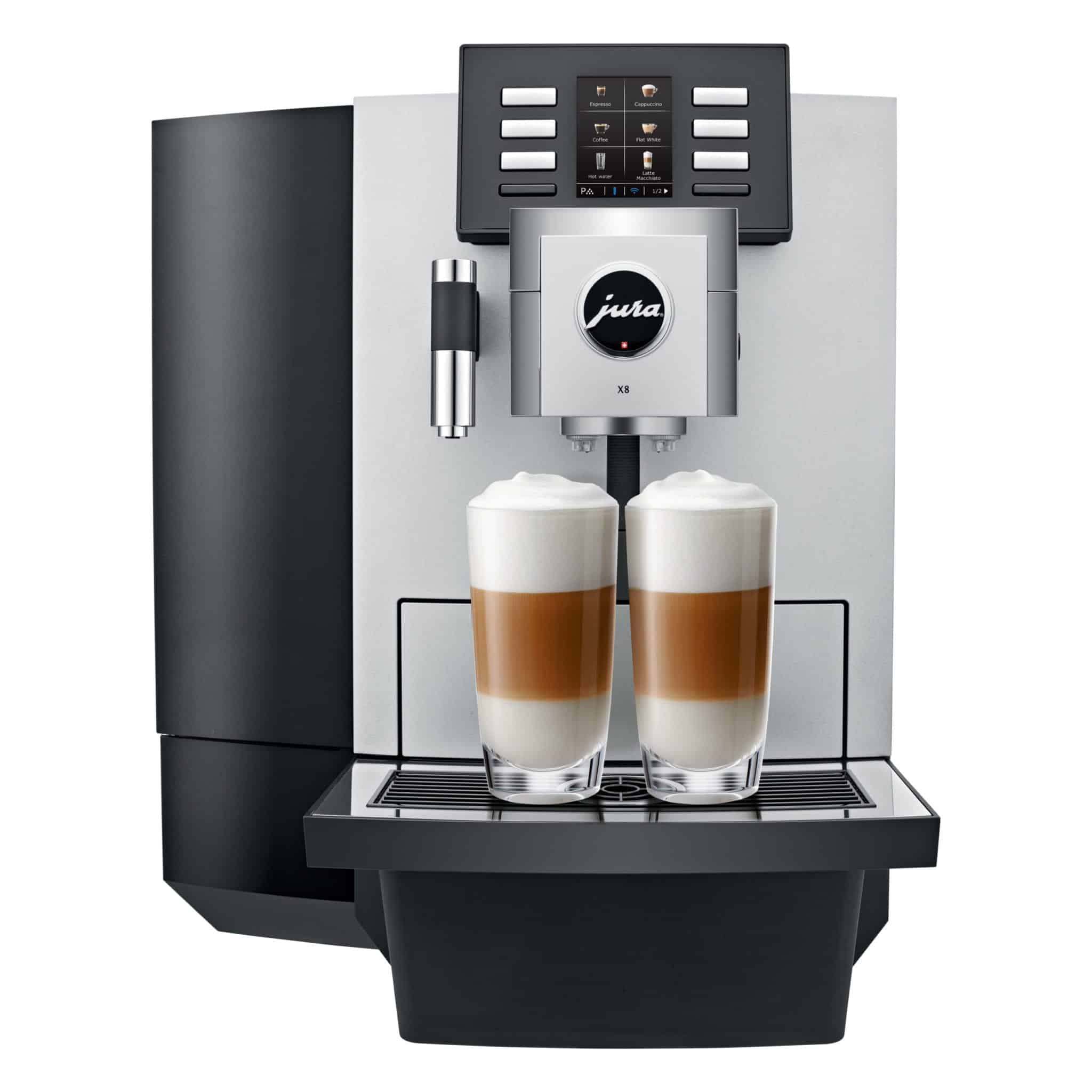 Jura X8 Platinum preparando dos cafés con espuma de leche cremosa.